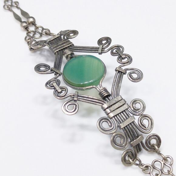 1970s Green Chrysoprase Wire Wrapped Bracelet Boho Artisan 10K Tested Vintage - Picture 9 of 10